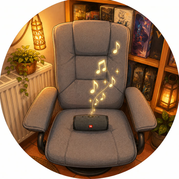 Illustration d’un fauteuil de salon avec, posée sur l’assise, une enceinte d’où s’échappent des notes de musique lumineuses.