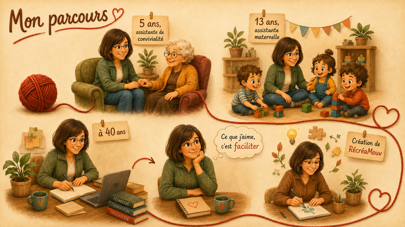 Illustration : cinq scènes reliées par un fil de laine rouge. Marie-Christine auprès d’une personne âgée, puis avec de jeunes enfants, puis étudiante à son bureau, puis pensive avec la phrase « ce que j’aime, c’est faciliter », enfin en train de créer RécréaMouv.