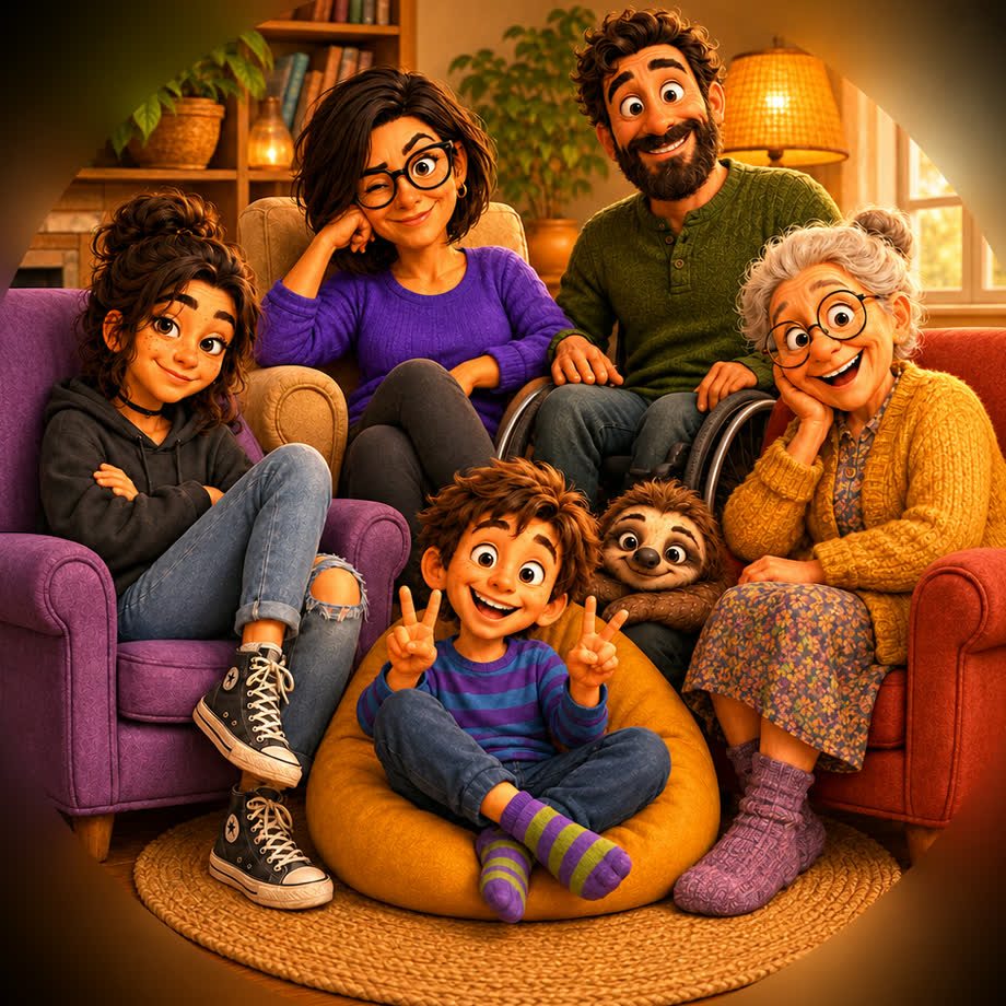 Illustration : une famille réunie dans son salon, une adolescente, une mère, un père en fauteuil roulant, une grand-mère et un jeune garçon, avec le paresseux de RécréaMouv au milieu d’eux.