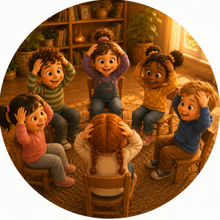 Illustration : six jeunes enfants assis en cercle sur de petites chaises, les mains posées sur la tête, riant pendant un jeu de mouvement.
