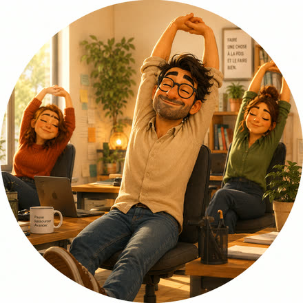 Illustration : trois collègues assis à leur bureau, les bras levés au-dessus de la tête, qui s’étirent en souriant au milieu de leur journée de travail.