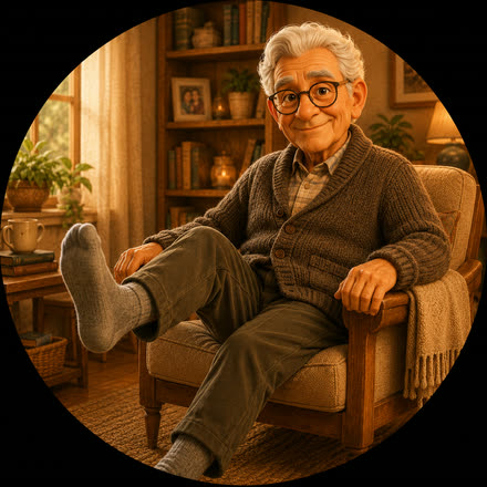 Illustration : un homme âgé souriant, installé dans son fauteuil de salon, détendu.