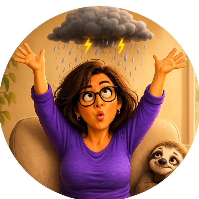 Marie-Christine les bras levés sous un petit nuage d’orage, le paresseux à ses côtés
